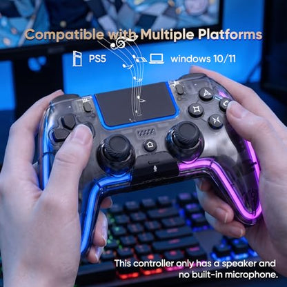BETMI Wireless Controller for PS5, Pro/Slim/MAC/Steam Deck/PC (Transparent) | Hall Effect Joysticks,Dual Vibration, Marco/Turbo, 3.5mm Jack, 6-Axis Gyro, Mute, LED Gamepad with Speaker, L Blue R Pink - color: Transparent, L Blue R Pink