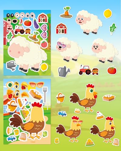 Aowplc 48 Sheets Farm Animal Make‑a‑Face Stickers for Kids & Toddlers – 12 Unique Mix‑and‑Match Designs – Farm Party Favors, Birthday Supplies, Activities & Crafts - style: Farm Fun