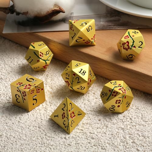 DNDND Flowers Metal Dice, 7 PCS Metallic DND Dice with Gorgeous Gift Case for D&D Dungeons and Dragon Tabletop Game (Red Flowers with Gold) - color: Flower Gold Red