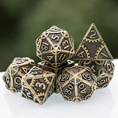 UDIXI Metal DND Dice Set 7PCS Polyhedral Dice Set for D&D Role Playing Game | Ancient Bronze, Steampunk Gear Carved, Solid Metal, Metal Gift Box, DM Gift, for Dungeons and Dragons RPG Tabletop Games - color: Gear-antique Bronze