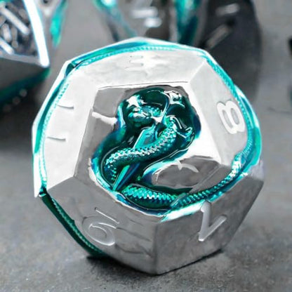 Ancient Serpent Metal DND Dice Set, 7 Piece Polyhedral RPG Dice for Dungeons and Dragons, Weighted Zinc Alloy Tabletop Dice with Storage Gift Case - color: Silver White