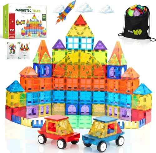 Magnetic Tiles 150 PCS with 2 Cars Bases, STEM Magnet Building Tiles for Kids Ages 3-12, Educational Building Magnets Toys, Creative Construction, Preschool Learning & Play for Childs - style: 150 Pieces