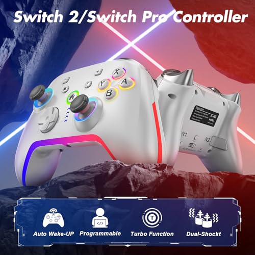 Wireless Pro Controller for Switch 2/Switch/Lite/OLED,Replacement for Switch Pro Controller,Switch 2 Controller Support PC & Android/iOS with RGB LED,Wake-up,Programmable,Adjustable Turbo Vibration Function