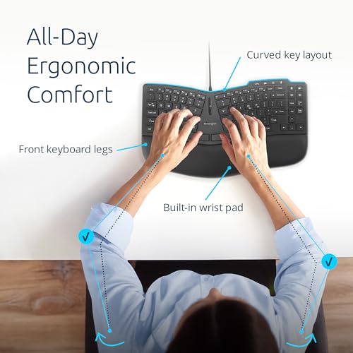 Kensington Pro Fit Ergo KB675 EQ TKL Wired Keyboard, USB-A Connection, Ergonomic Curved Design, Programmable Keys (K75497NA)