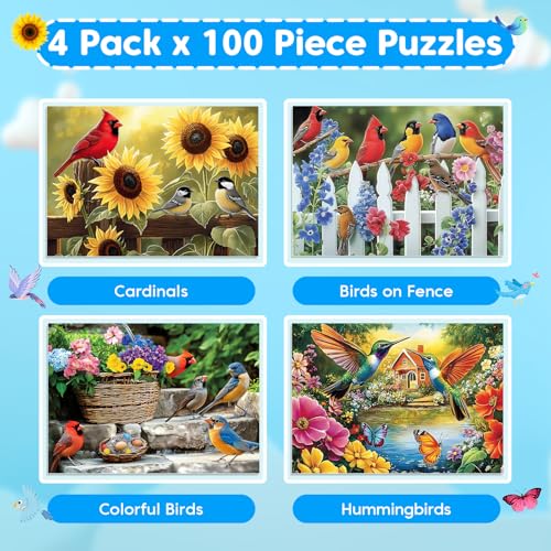 4-Pack 100 Piece Puzzles for Kids Ages 6-8 8-10 Year Old, Birds Puzzles, Large Piece Puzzle for Seniors 100 Pieces Adults Jigsaw Puzzle, Learning Educational Toys for Boys and Girls - style: Cardinals Birds Hummingbirds