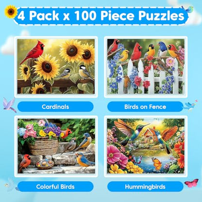 4-Pack 100 Piece Puzzles for Kids Ages 6-8 8-10 Year Old, Birds Puzzles, Large Piece Puzzle for Seniors 100 Pieces Adults Jigsaw Puzzle, Learning Educational Toys for Boys and Girls - style: Cardinals Birds Hummingbirds