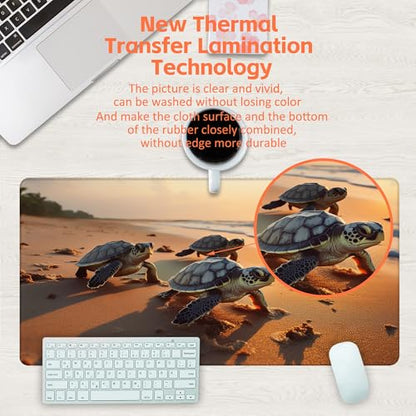 Large Gaming Mouse Pad for Desk, Baby Turtles On Beach Desk Mat, Cute Sea Turtle Desk Pad, 31.5"x15.7" Extended Big Computer Keyboard Mouse Pad with Non-Slip Base and Stitched Edge - color: Baby Turtles on Beach