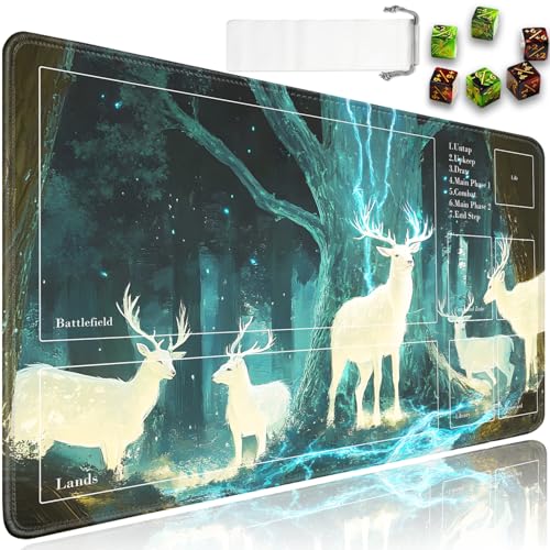 for MTG Playmat with Zones, for TCG Playmat and Board Game Mat with Storage Bag and 6 Dice, 24x14in Non-Slip for MTG Mat, Enchanted Forest White Deer Magic Trading Card Mat Mousepad - color: Jv-playmat-p7-2k-d109