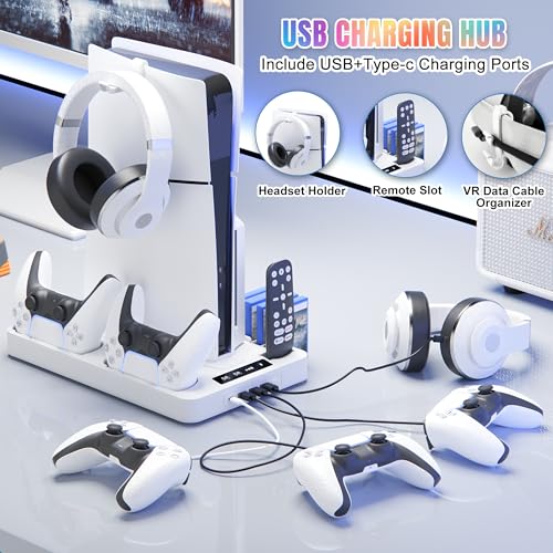 PS5 Cooling Station for PS5/Slim/Pro Disc & Digital Console – Includes USB Port Extender & Ps5 Accessories – Ps5 Stand with Cooling Fan 3 Level Adjustable, Dual Controller Chargers and RGB Lights
