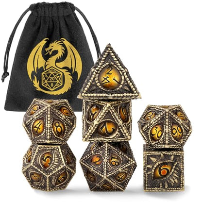 Retro Bronze Dragon Eyes Metal Dice Set, 7 Pcs Polyhedral Dice with Bag, TRPG Accessory, for DND Fans, Birthday Gifts for Him Men Gamer - color: Black Metal