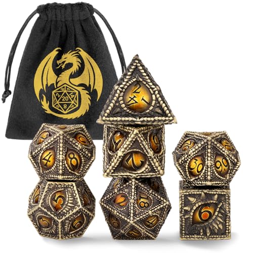 Retro Bronze Dragon Eyes Metal Dice Set, 7 Pcs Polyhedral Dice with Bag, TRPG Accessory, for DND Fans, Birthday Gifts for Him Men Gamer - color: Black Metal