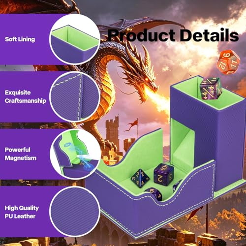 Dice Roller Tower, Premium DND Magnetic Dice Tray, Foldable PU Leather Dice Tower RPG Gifts for Dungeons and Dragons MTG Dm & Player Purple/Green（Grove Dragon） - color: Purple/Green