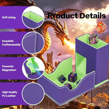 Dice Roller Tower, Premium DND Magnetic Dice Tray, Foldable PU Leather Dice Tower RPG Gifts for Dungeons and Dragons MTG Dm & Player Purple/Green（Grove Dragon） - color: Purple/Green