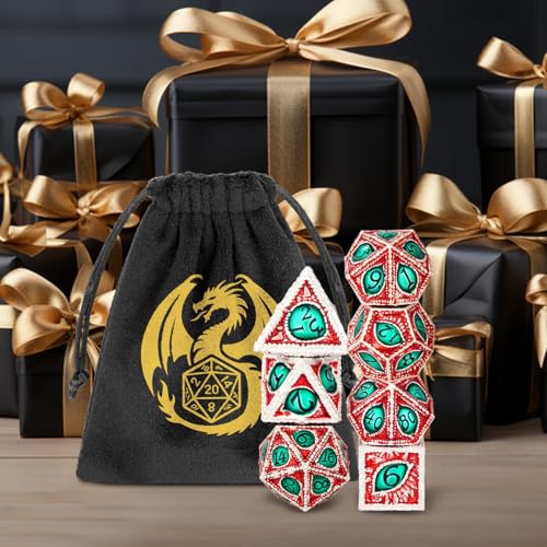 Metal Dice Set, Dragon Eye Theme, 7pcs Polyhedral Metal DND Dice Set, DND Starter Set, D&D Gifts with Gift Bag, Role Playing Board Games Accessories, Silver Red Green - color: Silver Red Green With Gift Bag