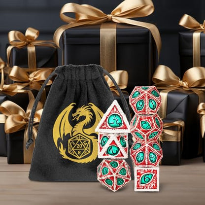 Metal Dice Set, Dragon Eye Theme, 7pcs Polyhedral Metal DND Dice Set, DND Starter Set, D&D Gifts with Gift Bag, Role Playing Board Games Accessories, Silver Red Green - color: Silver Red Green With Gift Bag