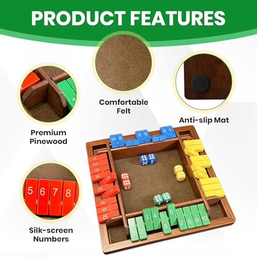 Shut The Box Dice Game, Wooden Strategy Board Game for 2-4 Players, Brown | Tabletop Math Game, 8 Dice Included, Velvet Storage Bag, Solid Wood Board, Family Game Night, Pub Game - style: Classic