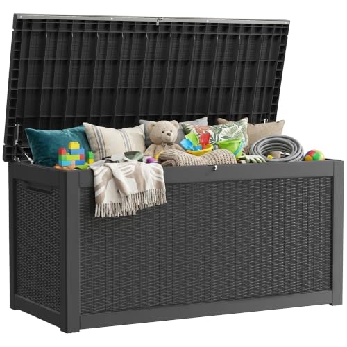 TARKARI 320 Gallon Outdoor Storage Box Waterproof, Resin Deck Boxes with Lockable Lid & UV-Resistant for Patio, Pool, Garden Furniture Cushions & Accessories, Black - color: Black, size: 320 GAL