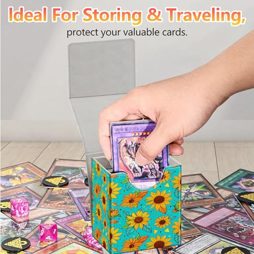 Card Deck Box, Card Storage Box Fits 100+ Single Sleeved Cards, Large Capacity PU Leather Card Storage Box with Strong Magnet for Magic Commander TCG CCG, Cartoon Sunflowers - color: Cartoon Sunflowers