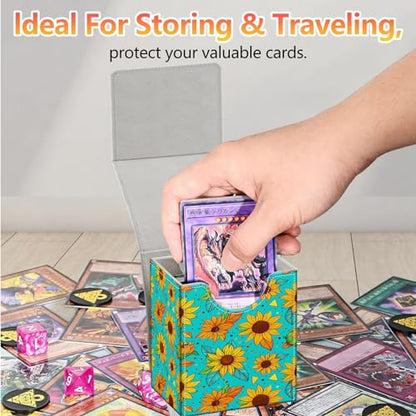 Card Deck Box, Card Storage Box Fits 100+ Single Sleeved Cards, Large Capacity PU Leather Card Storage Box with Strong Magnet for Magic Commander TCG CCG, Cartoon Sunflowers - color: Cartoon Sunflowers
