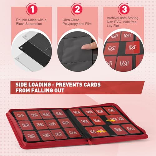 Premium Card Binder 12 Pocket for 720 Pockets Trading Card Binder, PU Zipper Card Collection Album, Sturdy Side-Loading Card Book Holder for MTG, TCG, Game Cards, Sports Cards - color: 12 Red