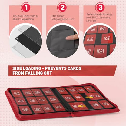 Premium Card Binder 12 Pocket for 720 Pockets Trading Card Binder, PU Zipper Card Collection Album, Sturdy Side-Loading Card Book Holder for MTG, TCG, Game Cards, Sports Cards - color: 12 Red