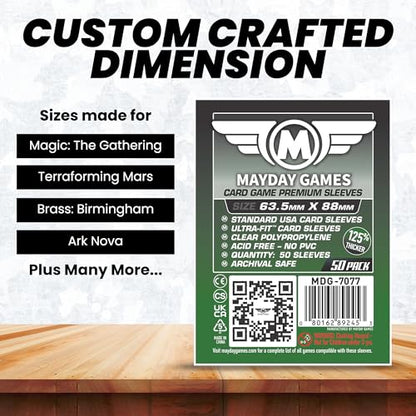 MayDay Games Premium Card Sleeves – 50 Count, Clear 90 Micron Thickness, Medium MTG Size (63.5 x 88 mm), Compatible with Magic: The Gathering & More – SKU: MDG-7077