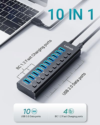 Powered USB Hub 3.0, Leinsis 10-Port USB 3.0 Hub [Durable Aluminum] 10 Data Transfer Ports+ 4 Smart Charging Ports with Individual On/Off Switches, USB Hub 3.0 Powered with Power Adapter for Laptop PC - size: 10-Port USB 3.0 Hub