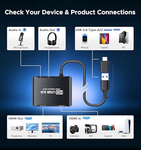 ByteWave USB 3.0 HDMI Video Capture Card, 4K Passthrough, HD 1080P60 Output | Metalshell, Plug & Play, HDMI to USB C Audio Video Game Capture Device for Streaming, Cam Link for Switch2/PS5/Xbox/PC/OBS