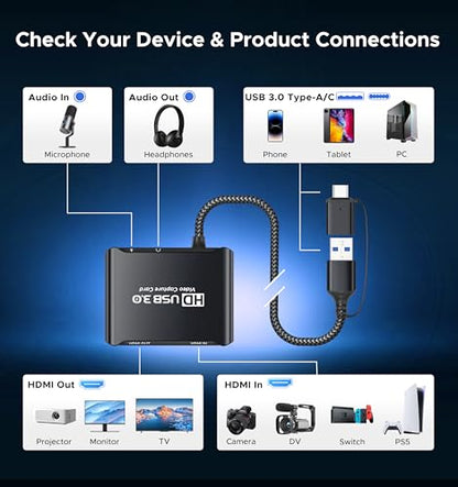ByteWave USB 3.0 HDMI Video Capture Card, 4K Passthrough, HD 1080P60 Output | Metalshell, Plug & Play, HDMI to USB C Audio Video Game Capture Device for Streaming, Cam Link for Switch2/PS5/Xbox/PC/OBS