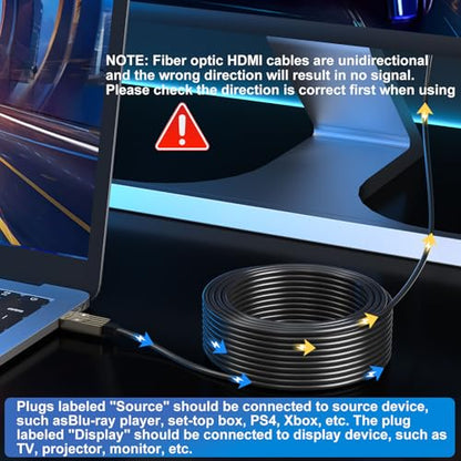 Soonsoonic Fiber Optic HDMI Cable 150ft,18Gbps 4K@60Hz(4:4:4) Unidirectional Active 2.0 Cord,Support HDR10 ARC HDCP 2.2 3D CEC Atmos DTS:X, Ultra high Speed Flexible and Slim（45m） - size: 150FT