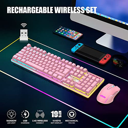 RedThunder K10 Wireless Gaming Keyboard and Mouse Combo, LED Backlit Rechargeable 3800mAh Battery, Mechanical Feel Anti-ghosting Keyboard + 7D 3200DPI Mice for PC Gamer (Pink) - color: Pink