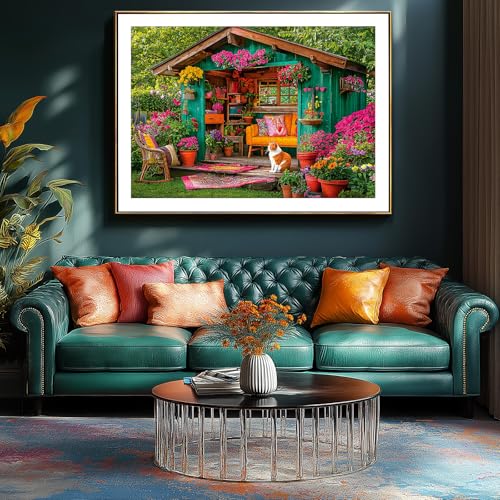 Flower House 500 Piece Puzzle for Adults Colorful Garden Shed Cat Jigsaw Puzzles with Letters on Back Perfect Family Challenge for Game Nights(23"X15") - color: Flower House