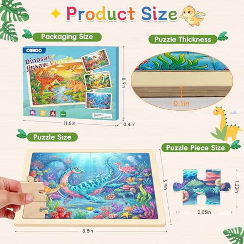 Puzzles for Kids Ages 4-6, 4-Pack 24-Piece Wooden Kids Puzzles | Dinosaur Adventure Themes | Educational Puzzles for Kids Ages 3-5, Age-Appropriate Learning Toys, Ages 3+ - color: Dinosaur