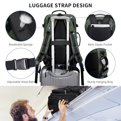 WITZMAN Travel Backpack for Men 45L Convertible Bag Fits 17" Laptop | Large Nylon Carry on Luggage Bag, 3 in 1 Laptop Backpack Airline Approved, For Weekend Getaway, Overnight Trip, B688 Green - color: Light Green
