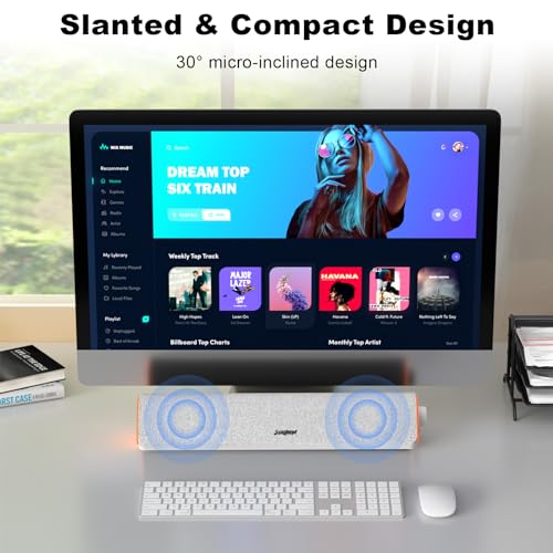 SOULION Bluetooth Computer Speakers PC Sound Bar for Desktop Monitor White | USB Powered & 3.5mm, Colorful LED Lights, Switch Button Clear & Rich Sound, Breathable Cloth,Surround Soundbar - color: White