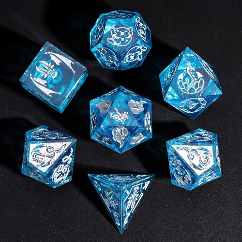 Cusdie 7-Piece Sharp Edges DND Dice Set with Dragon Pattern - Perfect for Tabletop RPGs Board Games Gifting and Collecting(Transparent Blue/Silver Number) - color: Dragon Pattern Tb/S