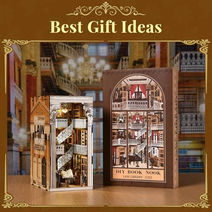 MiniCity Book Nook Kit, DIY Dollhouse Booknook, Book Nook Miniature Kit for Bookshelf Insert Decor Crafts for Adults Teen Halloween, 3D Wooden Puzzle with Led Light (Law Library) | 550-piece wood/paper/plastic kit with LED and dust cover; glue/tools inclu