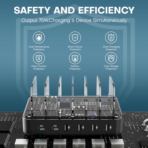 Charging Station for Multiple Devices,65W 6 Port Multi USB C Fast Charger Station with 6 Mixed Charging Cables,Charging Dock Compatible with iPhone iPad,Cell Phone,Tablets Android and More