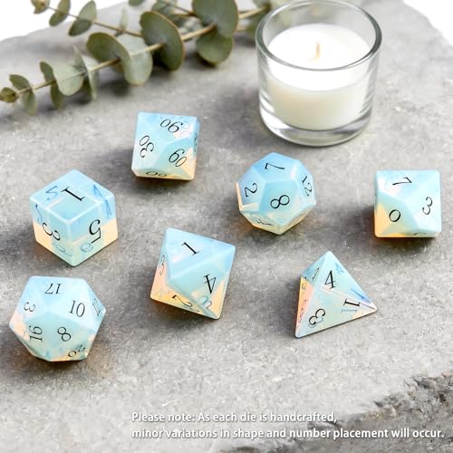 Haxtec Opal Dice Gemstone Polyhedral DND Dice Set with Premium Dice Case Compatible with Dungeons and Dragons Role Playing Board Games D&D Gift - color: White Black-opal
