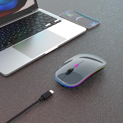 AIKOKOK Wireless Bluetooth Mouse, Rechargeable Dual Mode Mouse, Grey | BT 5.2 & 2.4G USB Receiver, 3 Adjustable DPI,LED Lights,Slim,Silent,Portable Computer Mouse for Laptop,PC,MacBook,iPad,Tablet - color: Grey