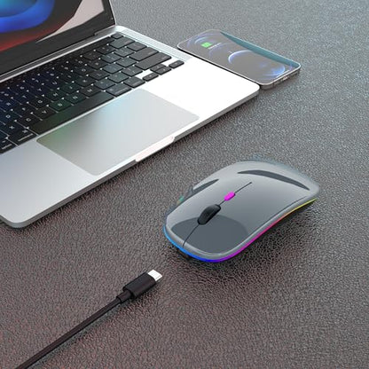 AIKOKOK Wireless Bluetooth Mouse, Rechargeable Dual Mode Mouse, Grey | BT 5.2 & 2.4G USB Receiver, 3 Adjustable DPI,LED Lights,Slim,Silent,Portable Computer Mouse for Laptop,PC,MacBook,iPad,Tablet - color: Grey