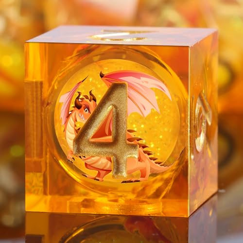 DNDND Red Dragon Dice with Gold Numbers | Liquid Core 7-Piece Sharp Edge Resin DND Dice Set | Dragon Themed Collectible Metal Case | RPG Tabletop Gaming Gift - color: Liquid Dragon Gold