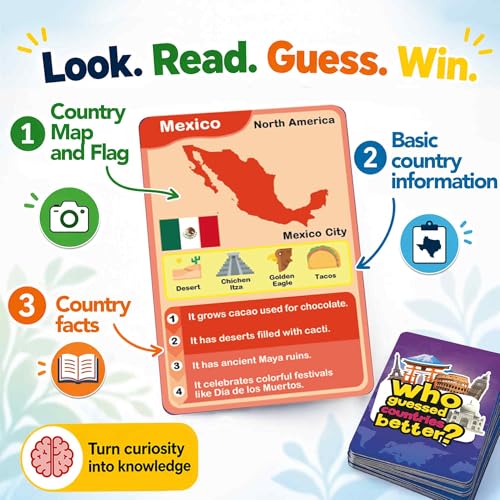 Quokka Who Guess It Better Countries – Educational Game with Visual Clues, Geography Learning Card Set, 50 Cards, Screen-Free Travel Game for Kids Ages 6+ - color: World