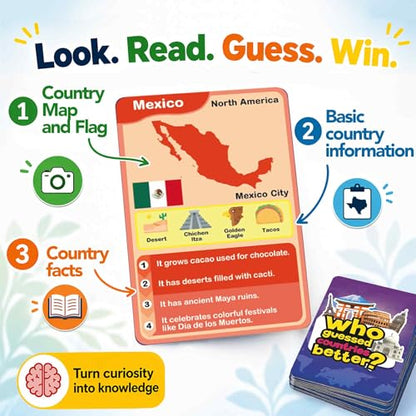 Quokka Who Guess It Better Countries – Educational Game with Visual Clues, Geography Learning Card Set, 50 Cards, Screen-Free Travel Game for Kids Ages 6+ - color: World