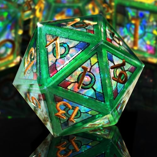 HAOMEJA Double Layered Resin Dice Set 7pcs/ Stained Glass Effect & Gold Numbers/Sharp Edged Polyhedral Dice/Apply to D&D/DND/Role Playing Game/RPG/Party Gift (Green Sky) - color: 1 Green Sky