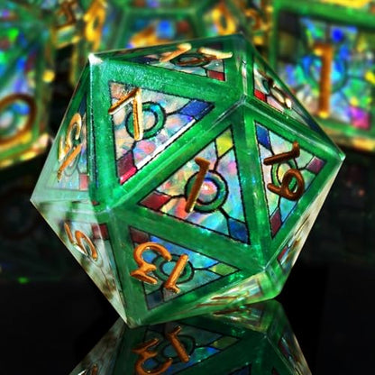 HAOMEJA Double Layered Resin Dice Set 7pcs/ Stained Glass Effect & Gold Numbers/Sharp Edged Polyhedral Dice/Apply to D&D/DND/Role Playing Game/RPG/Party Gift (Green Sky) - color: 1 Green Sky