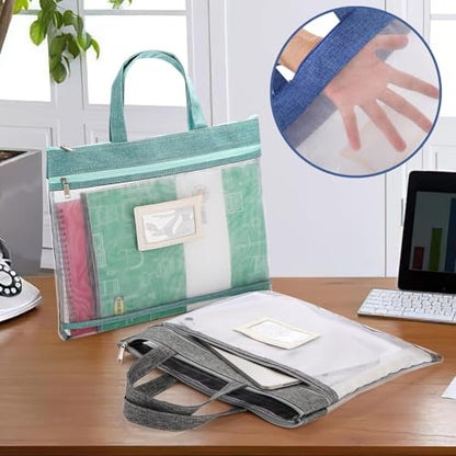 AVLA 4 Pack Student Book Pouches, A4 Mesh Zipper Bag with Handle, File Document Puzzle Bag with Name Card Pocket for Organizing Storage Board Games, School Office Appliances, Convenient to Carry