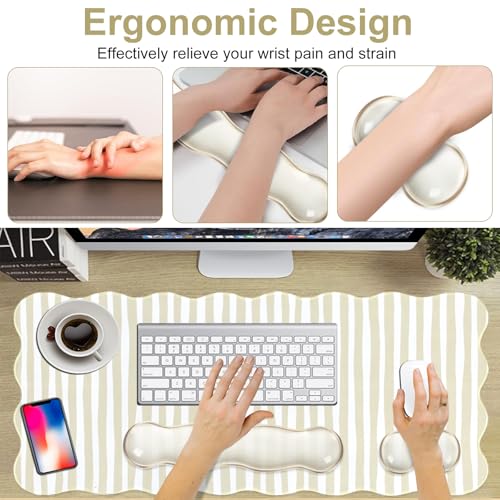 L-SPOUTTO Beige Striped Mouse Pad Set,Scalloped XXL Desk Mat + Ergonomic Mouse Wrist Rest + Gel Keyboard Wrist Rest for Keyboard 65%/75%,3in1 Large Desk Pad for Desktop Home Office Computer Game - color: Beige Striped