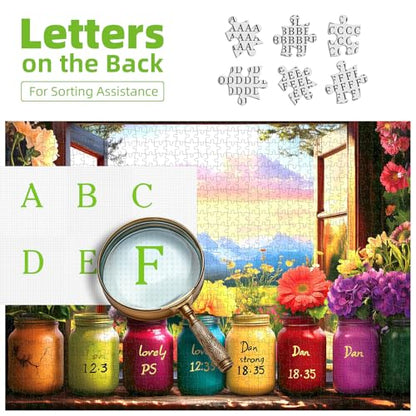 Christian Bible Puzzles for Adults 1000 Pieces, Wishful Window Religious Puzzles with Inspirational Verses, Impossible Challenging Puzzle Perfect for Family Game Nights,Include Poster & A-F Letter - color: Flowers Jars