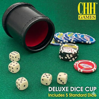 Deluxe Dice Cup Set with 5 Standard Dice – Leather-Style Shaker Cup for Board Games, Poker, Yahtzee & Table Games, 3.25" x 4" Portable Dice Rolling Cup
